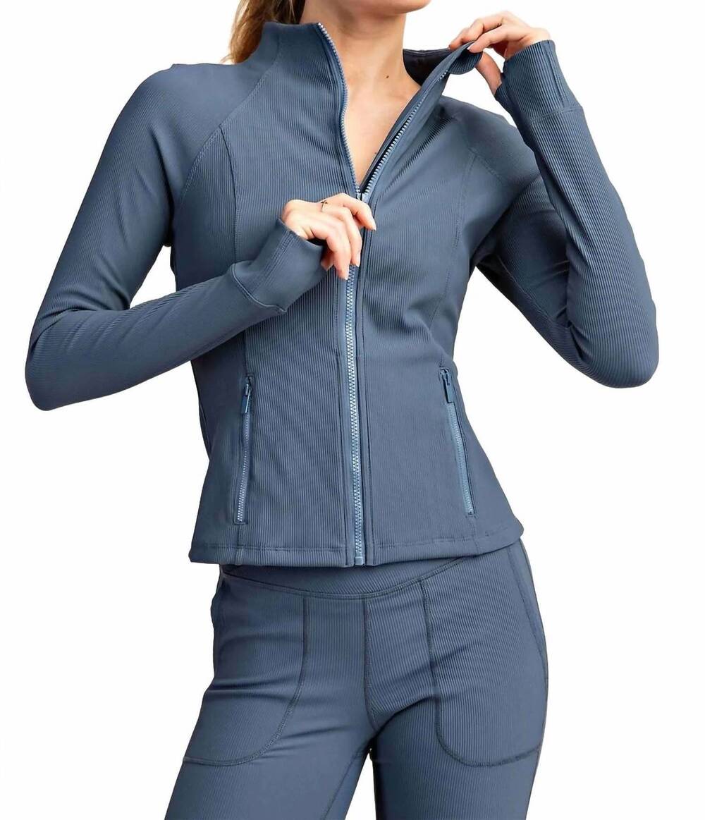 NEW RAE MODE ribbed long sleeve zip up jacket in blue